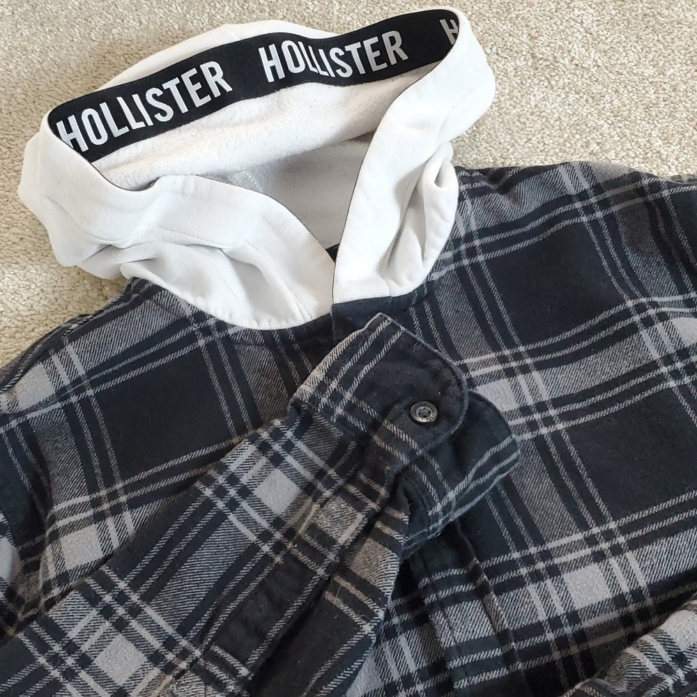 Hollister‎ Flannel Shirt Men's Button Up Size Large Tape Hoodie Blue Plaid
